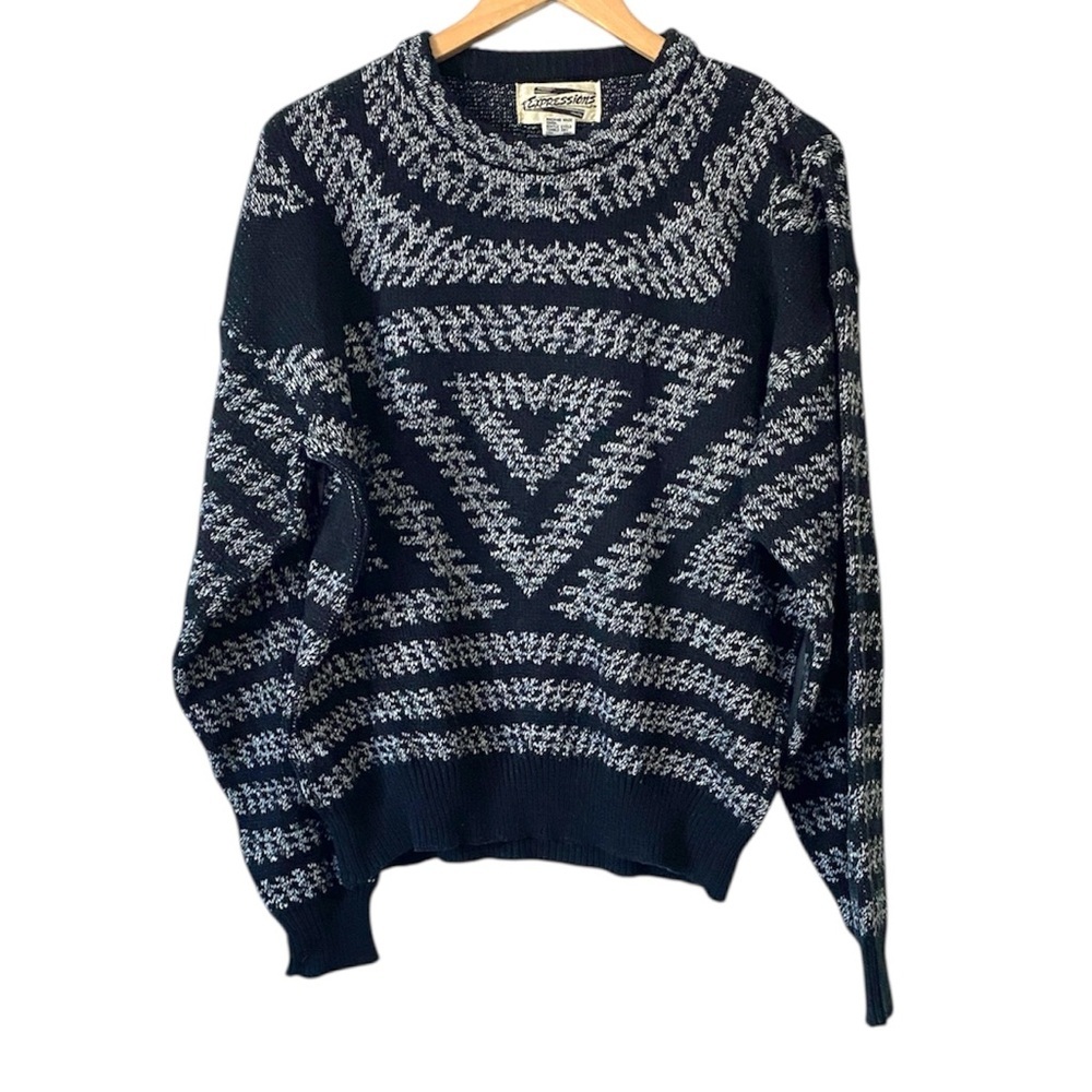 vintage Expressions black white patterned knit crewneck  sweater geometric M